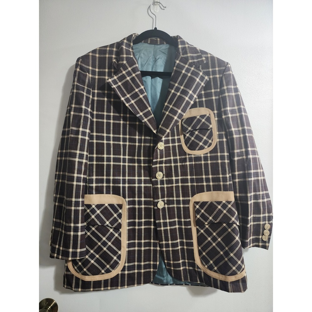 Vintage Jules de Berguae Plaid Blazer Eric Salm Chicago Brown Tan 44W38 Mens 43R